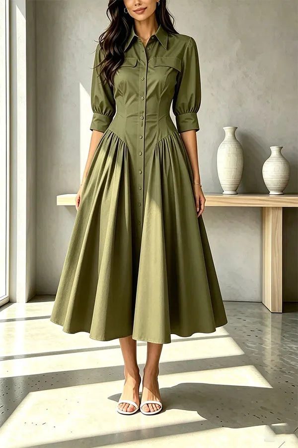 Elegant Linen Blend High Waisted Button Front Detail Pocket Shirt Umbrella Maxi Dress