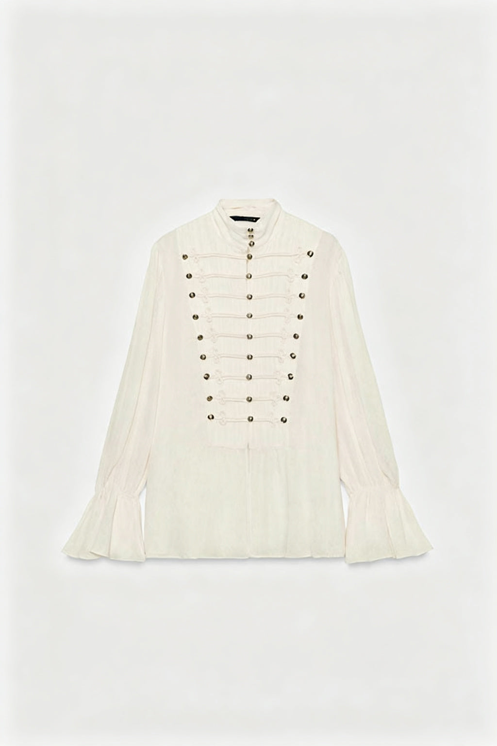 French Romantic Metal Button-down Pleated Ruffle Sleeve Napoleon Shirt