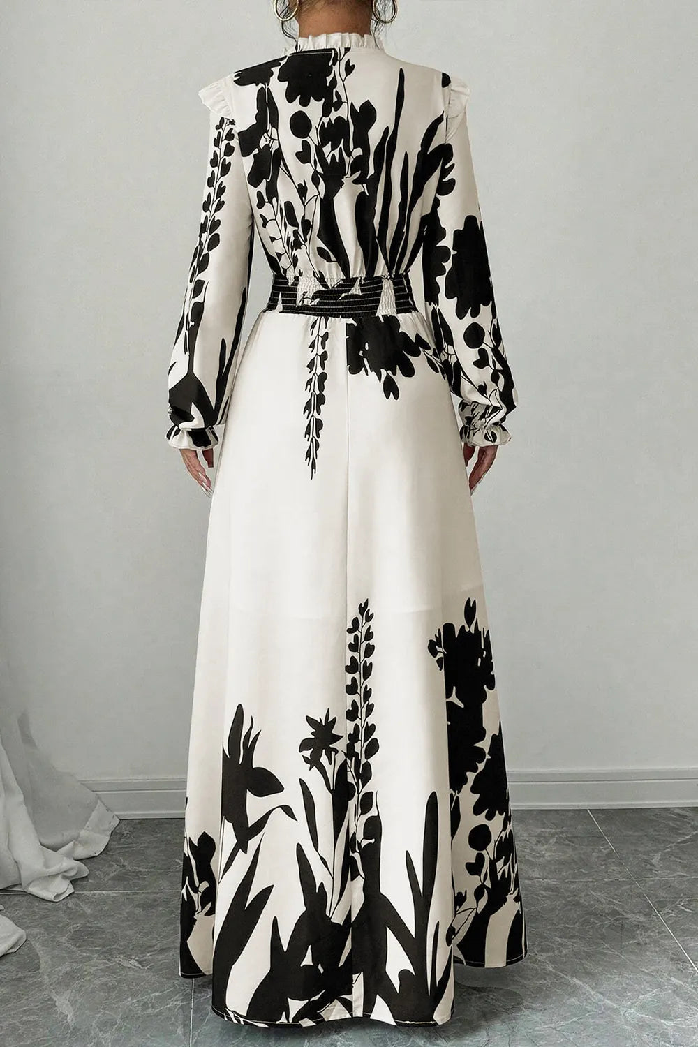 Floral Print Tie Up Frilled V Neck Long Sleeve Cinch Waist Maxi Dresses