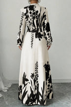 Floral Print Tie Up Frilled V Neck Long Sleeve Cinch Waist Maxi Dresses