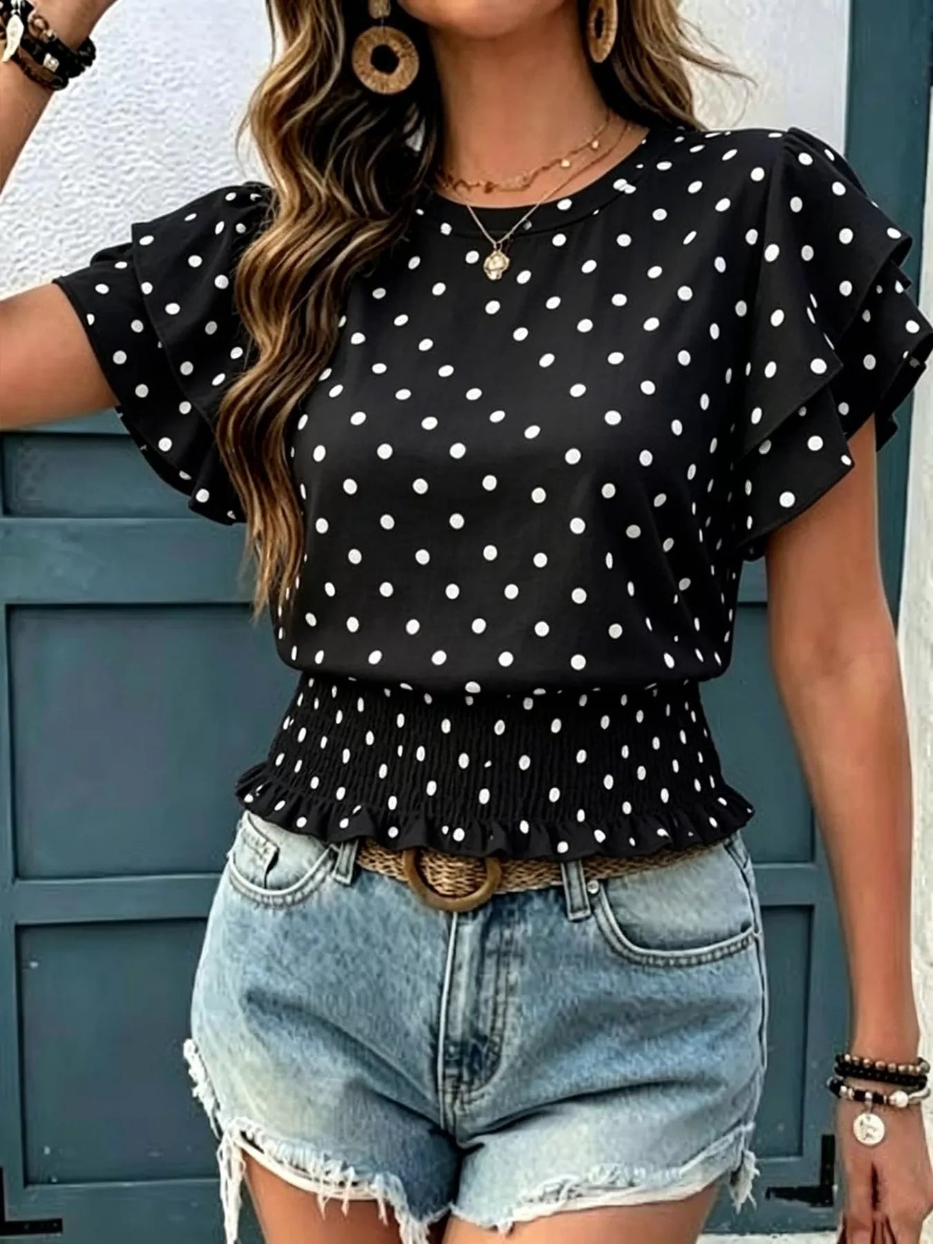 Polka Dot Ruffle Sleeve Blouse