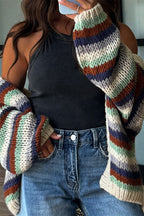 Olya Knit Colorful Stripes Long Balloon Sleeve Open Front Loose Cardigan
