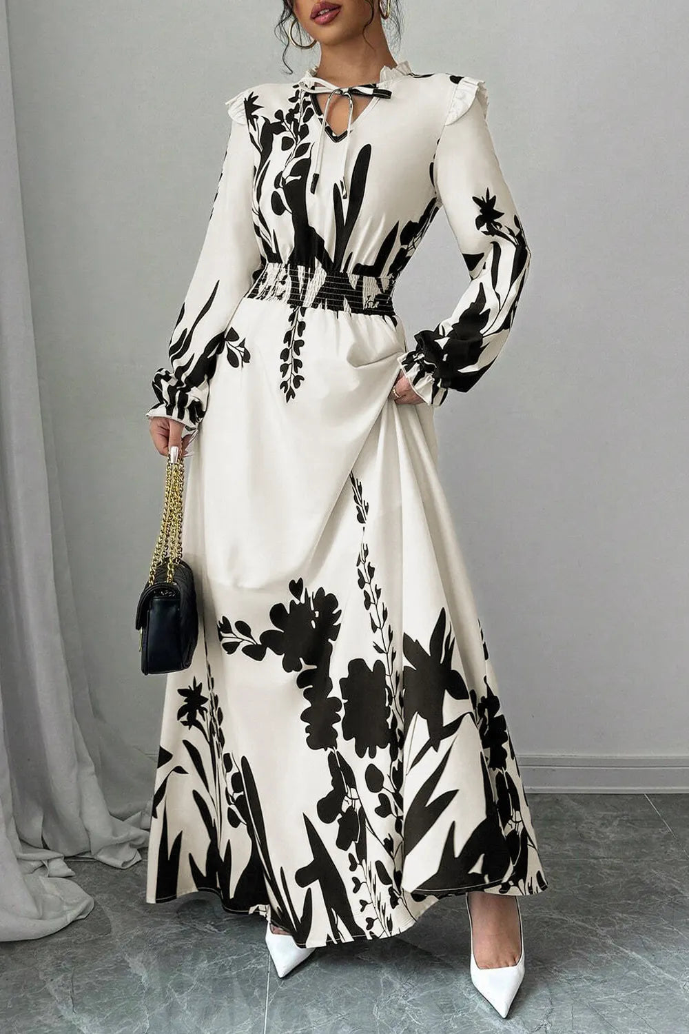 Floral Print Tie Up Frilled V Neck Long Sleeve Cinch Waist Maxi Dresses