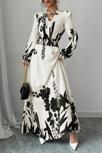 Floral Print Tie Up Frilled V Neck Long Sleeve Cinch Waist Maxi Dresses