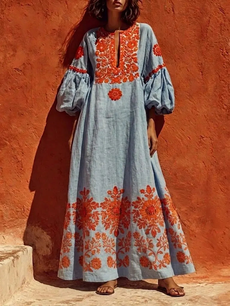 Bohemian Print Lantern-sleeve Maxi Dress