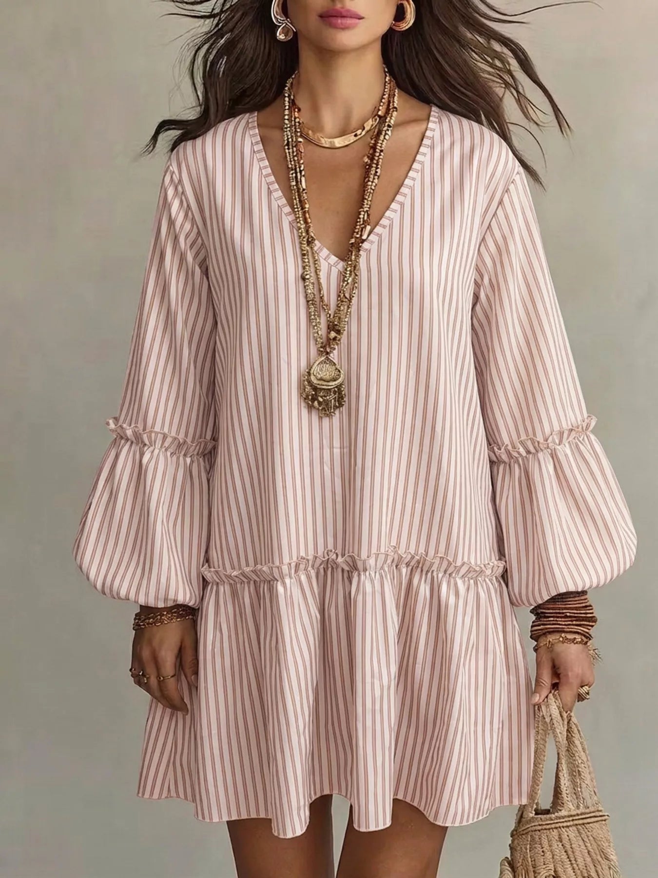 Full Size Striped Balloon Sleeve Mini Dress Plus Size