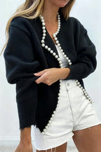 Elegant Chic Knit Pearls Trim Long Sleeve Relaxed Cardigan
