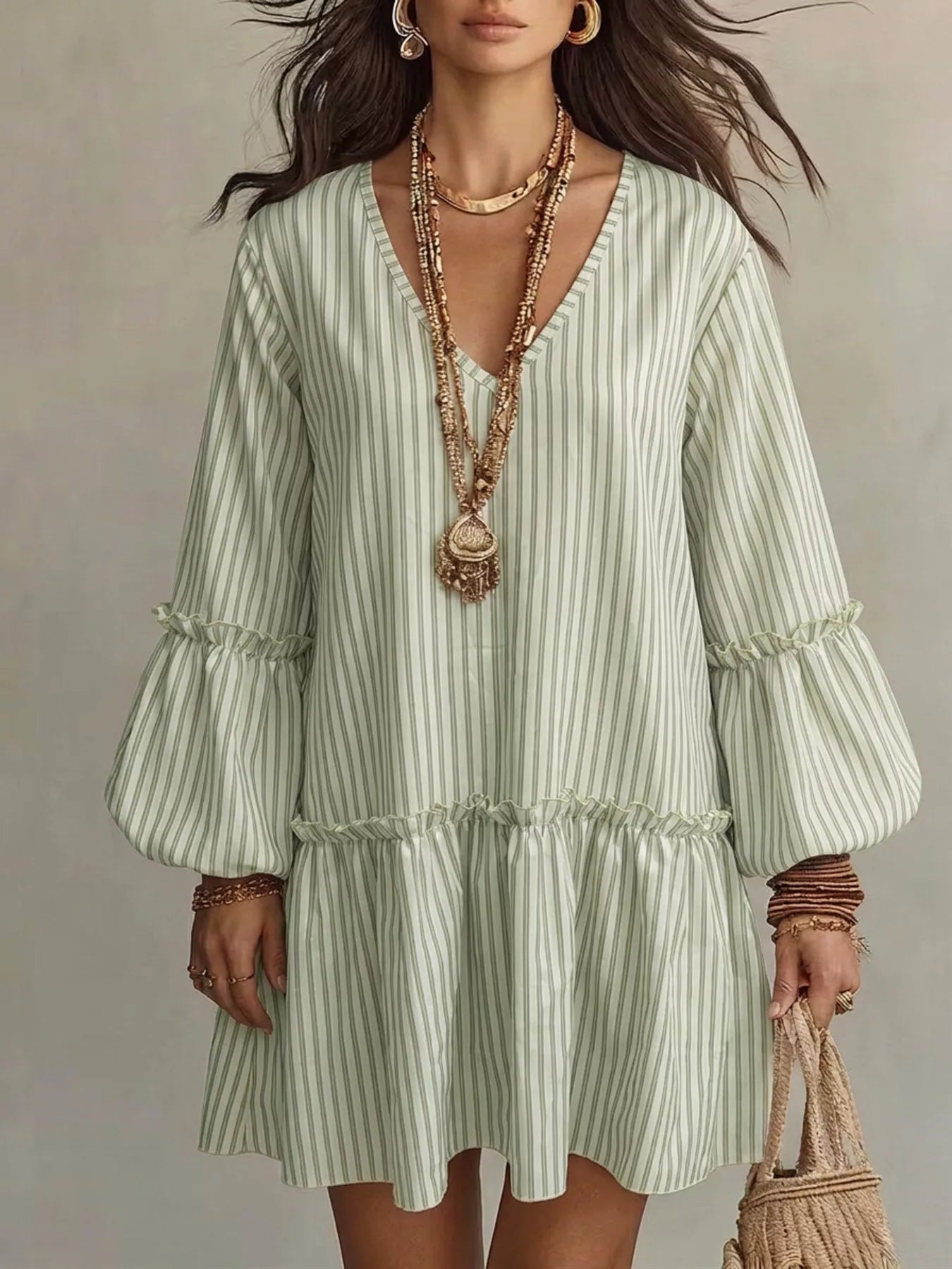 Full Size Striped Balloon Sleeve Mini Dress Plus Size