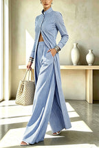 Casual Elegant Striped Print Long Sleeve Midi Shirt and High Rise Pocket Wide Leg Pants Set