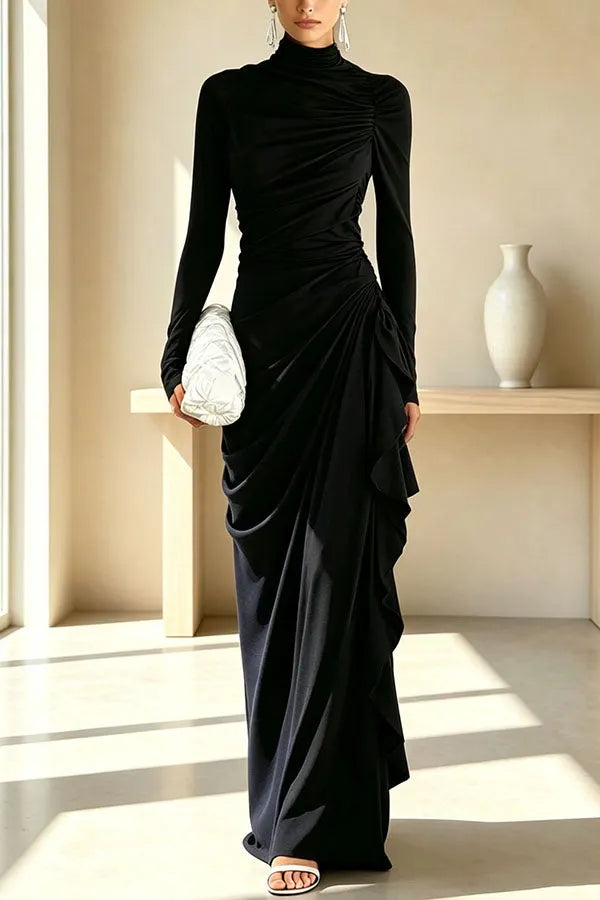 Elegant High Neck Long Sleeve Pleated Draped Fitted Maxi Dress
