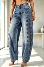 Napoleon-style Denim Metal Buttons Detail High Rise Pocket Loose Jeans