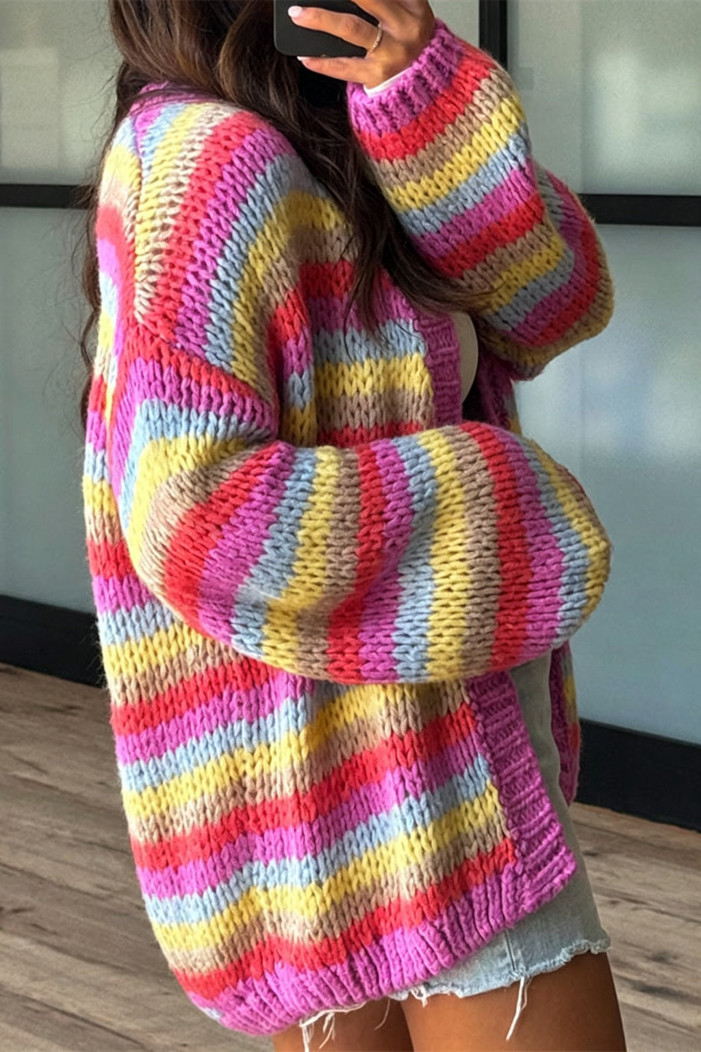 Olya Knit Colorful Stripes Long Balloon Sleeve Open Front Loose Cardigan