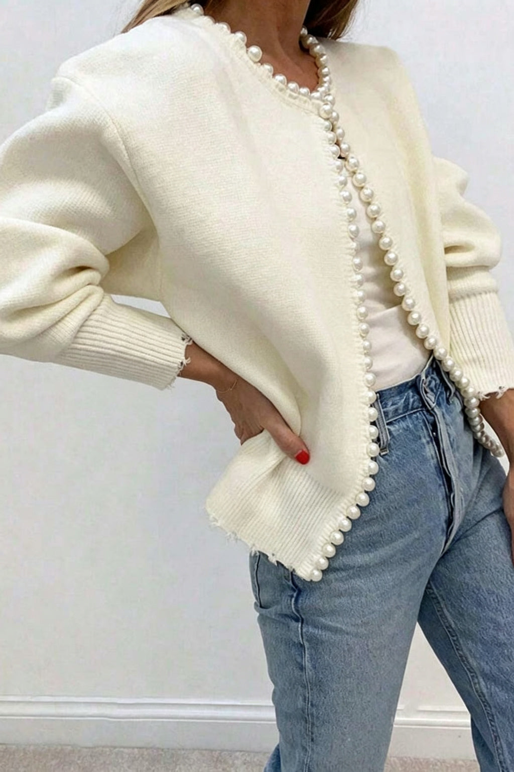 Elegant Chic Knit Pearls Trim Long Sleeve Relaxed Cardigan