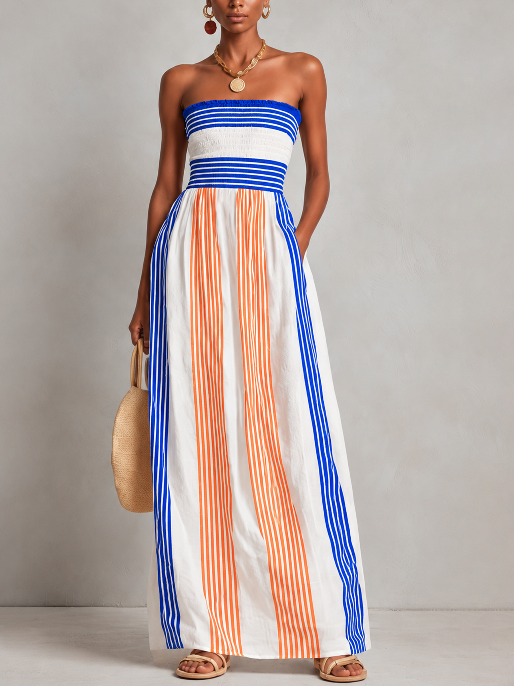 Red & Blue Striped Smocked Strapless Maxi Dress