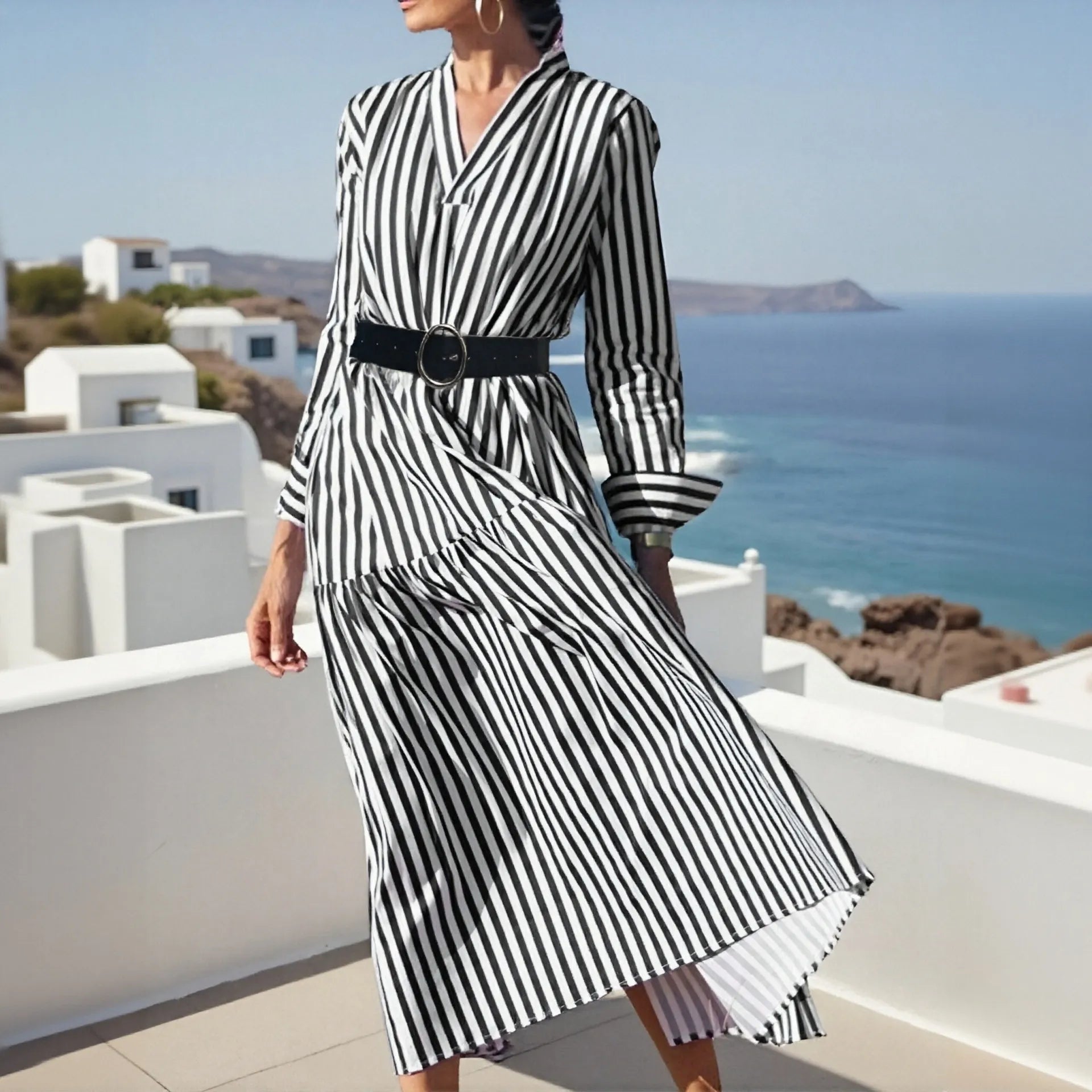 Summer women's long sleeve V-neck mid-length striped dress