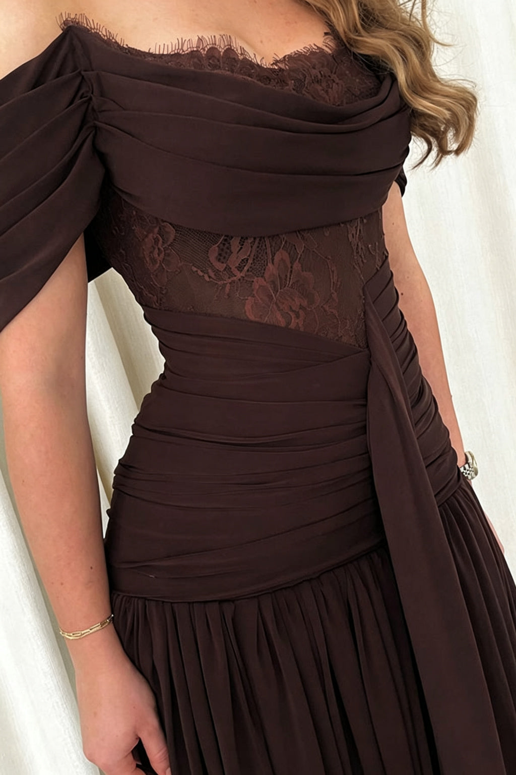 Maguire Chiffon Ruched Floral Lace Patchwork Off Shoulder Drape Gown Maxi Dress