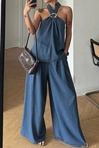 Halter Neck Top and Wide-Leg Pants Set