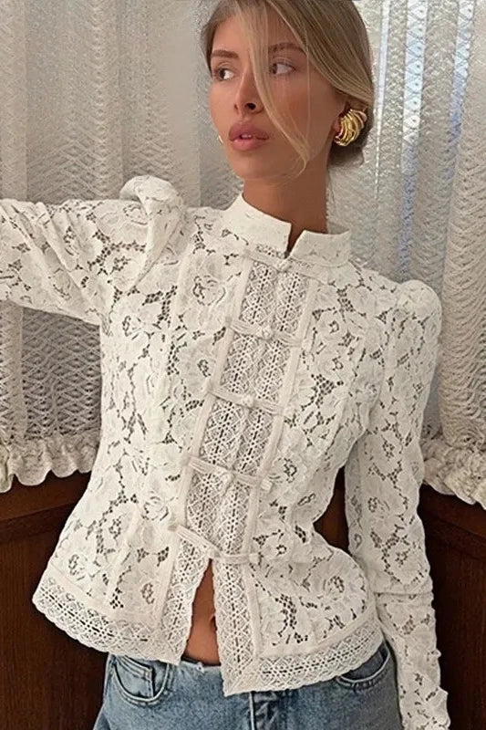 White Lace Stand‐Collared Shirt