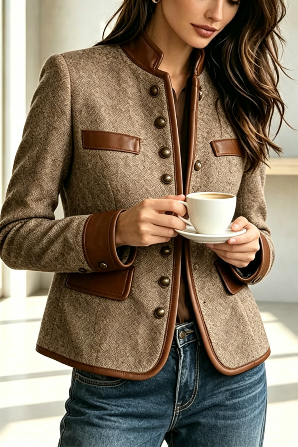 High-end French Retro Style Velvet Color-blocked Suit Collar Wool Coat