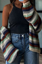 Olya Knit Colorful Stripes Long Balloon Sleeve Open Front Loose Cardigan