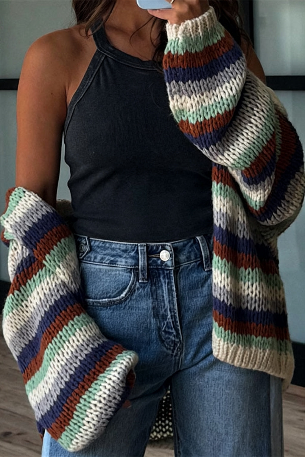 Olya Knit Colorful Stripes Long Balloon Sleeve Open Front Loose Cardigan