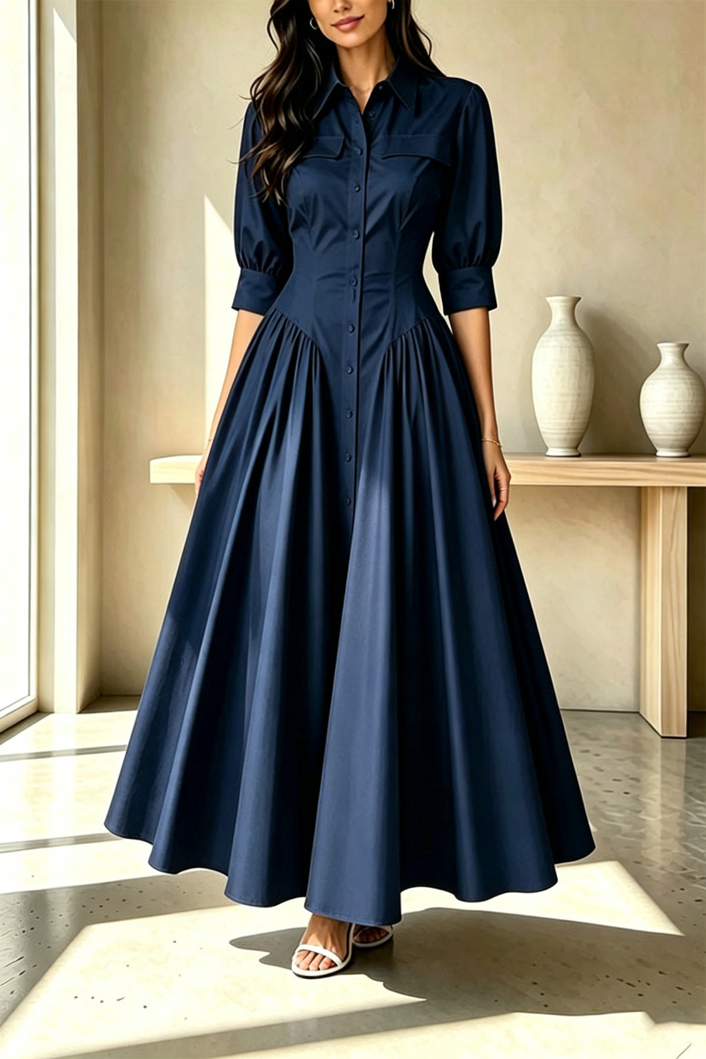 Elegant Linen Blend High Waisted Button Front Detail Pocket Shirt Umbrella Maxi Dress