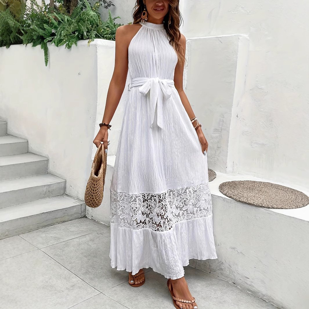 Spliced lace halter neck sleeveless vacation Maxi Dress