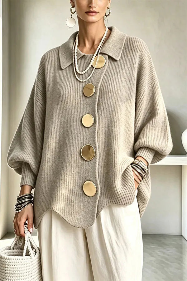Shelia Knit Oversized Metal Buckle Balloon Sleeve Lapel Cardigan