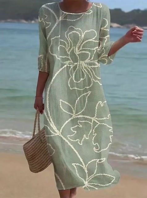 Women's Casual  Round Neck Mid Sleeve Print Cotton and Linen Dress