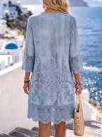 Women's Casual Loose-fit V-neck 3/4 Sleeve Dress With Placement Print And Lace Paneling