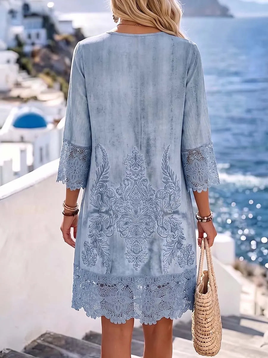 Women's Casual Loose-fit V-neck 3/4 Sleeve Dress With Placement Print And Lace Paneling