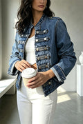 Napoleon-style Denim Stand Neck Metal Buttons Long Sleeve Jacket