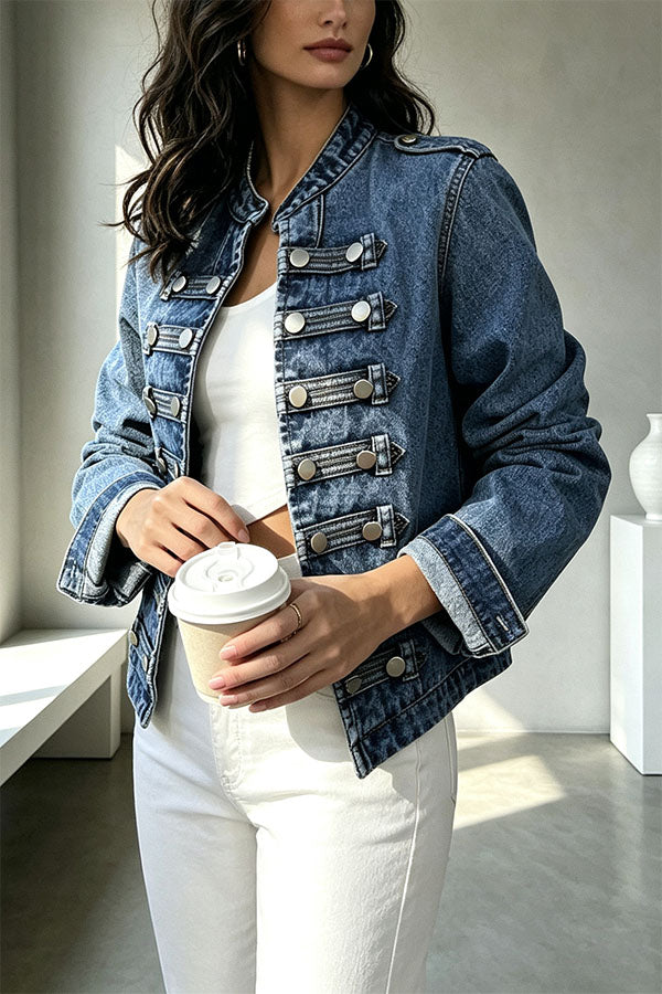 Napoleon-style Denim Stand Neck Metal Buttons Long Sleeve Jacket