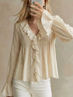 Ruffled V-Neck Flounce Sleeve Blouse