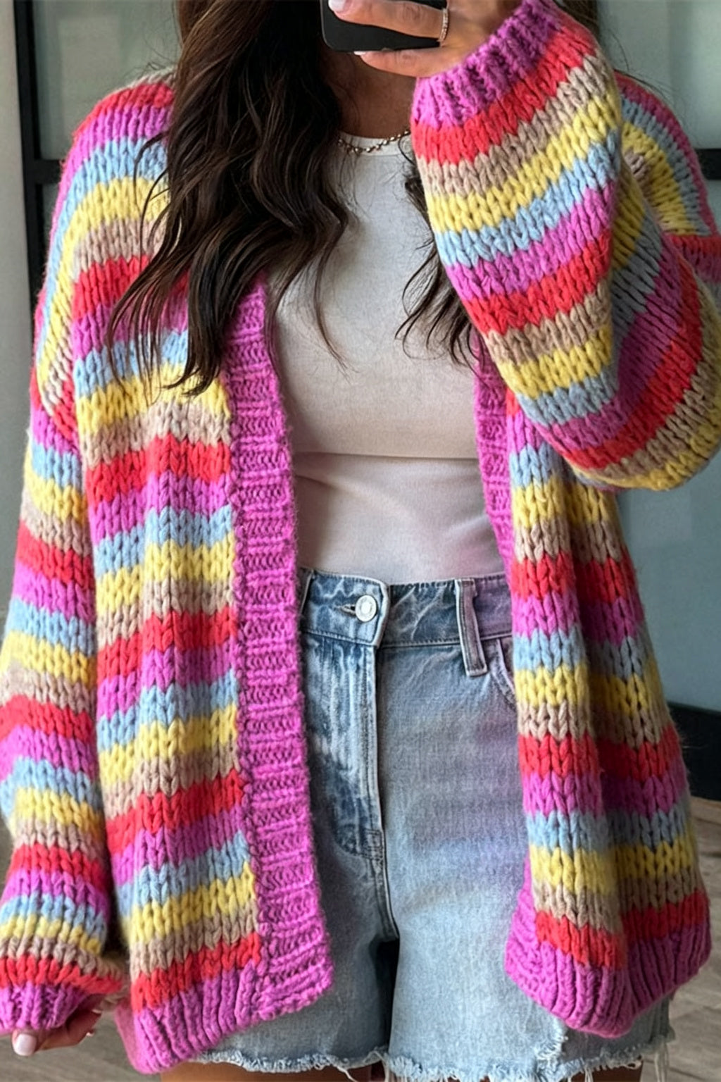 Olya Knit Colorful Stripes Long Balloon Sleeve Open Front Loose Cardigan