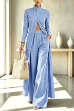 Casual Elegant Striped Print Long Sleeve Midi Shirt and High Rise Pocket Wide Leg Pants Set
