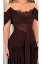 Maguire Chiffon Ruched Floral Lace Patchwork Off Shoulder Drape Gown Maxi Dress