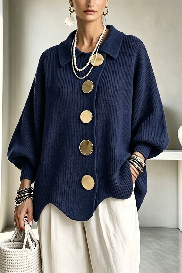 Shelia Knit Oversized Metal Buckle Balloon Sleeve Lapel Cardigan