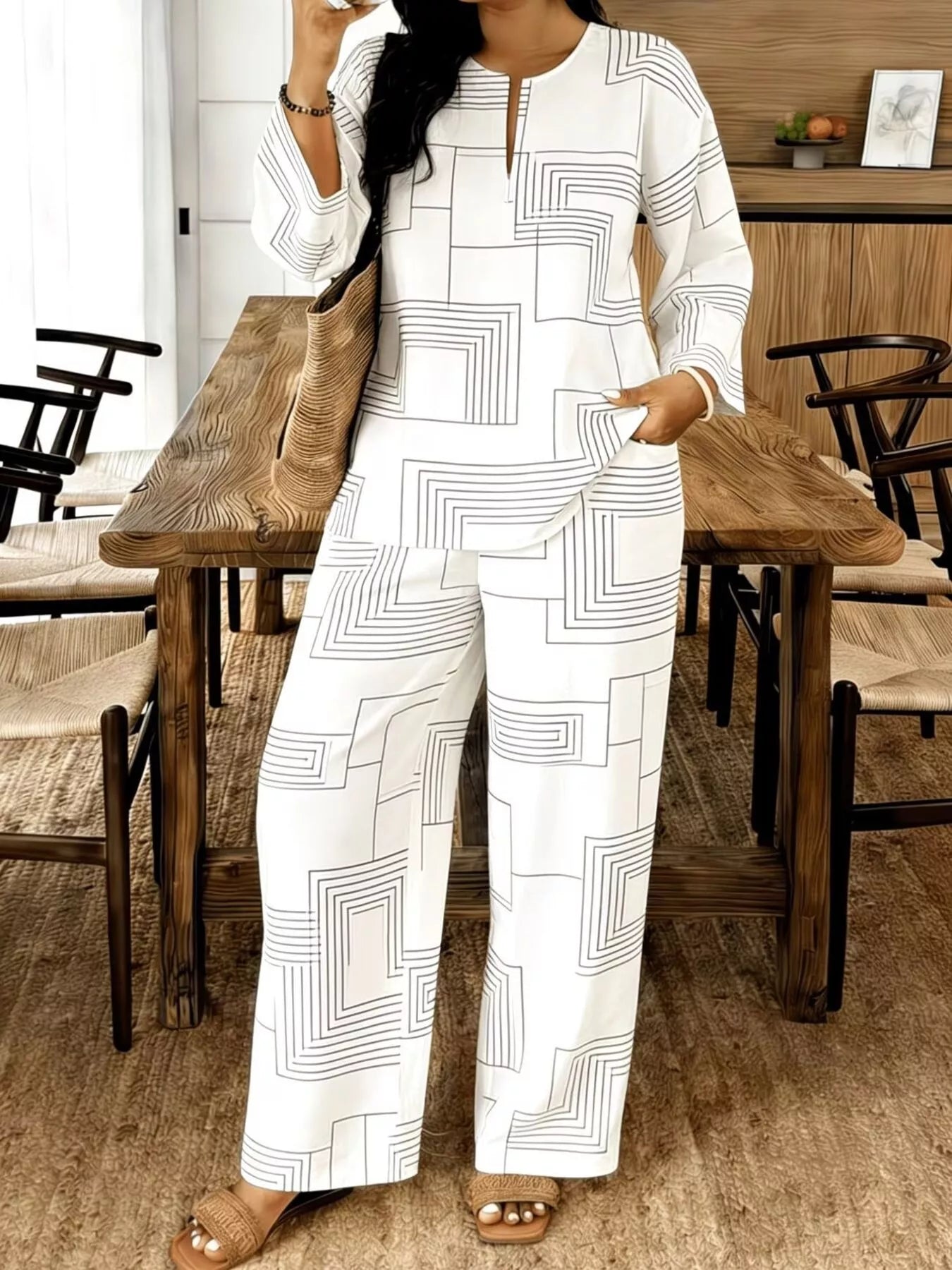 Geometric Print Relaxed Fit Top and Pants Set