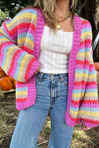Olya Knit Colorful Stripes Long Balloon Sleeve Open Front Loose Cardigan