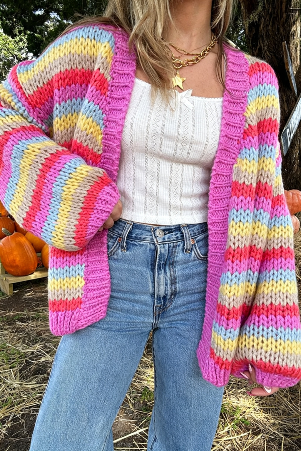 Olya Knit Colorful Stripes Long Balloon Sleeve Open Front Loose Cardigan