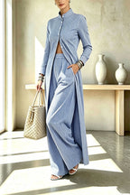 Casual Elegant Striped Print Long Sleeve Midi Shirt and High Rise Pocket Wide Leg Pants Set