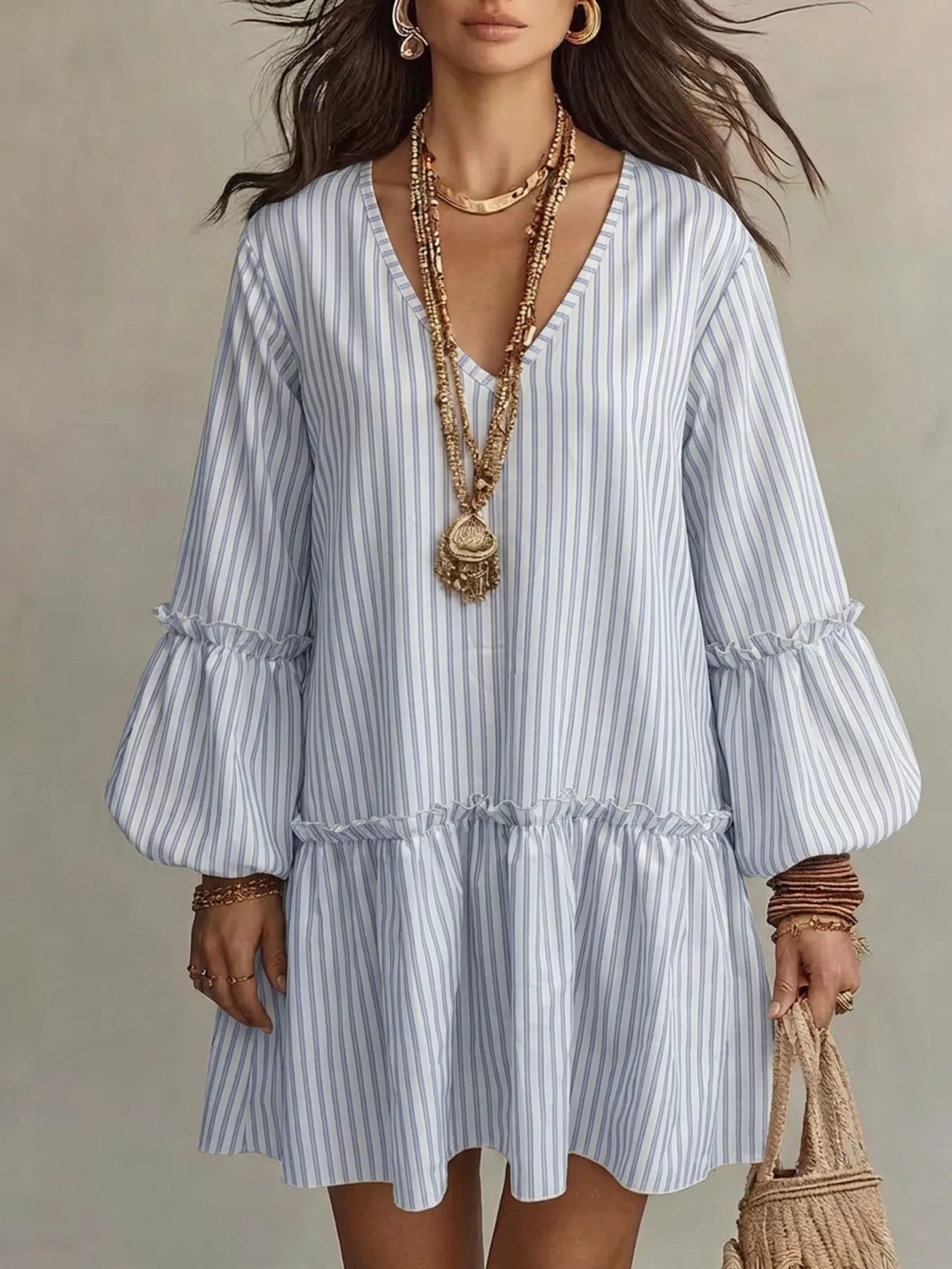 Full Size Striped Balloon Sleeve Mini Dress Plus Size