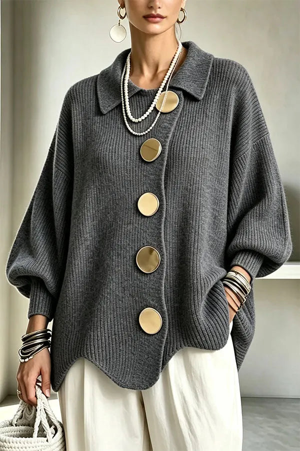 Shelia Knit Oversized Metal Buckle Balloon Sleeve Lapel Cardigan