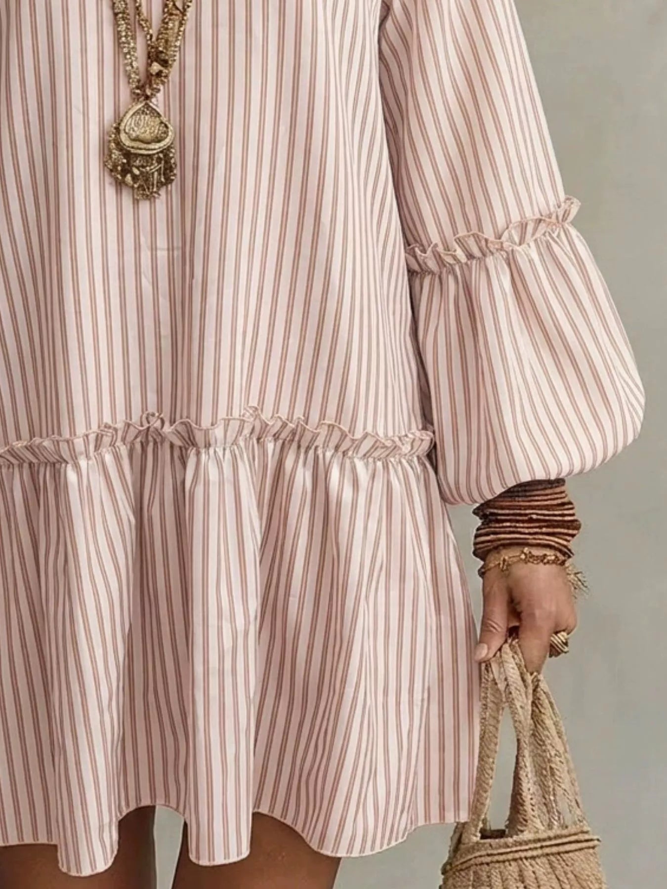 Full Size Striped Balloon Sleeve Mini Dress Plus Size