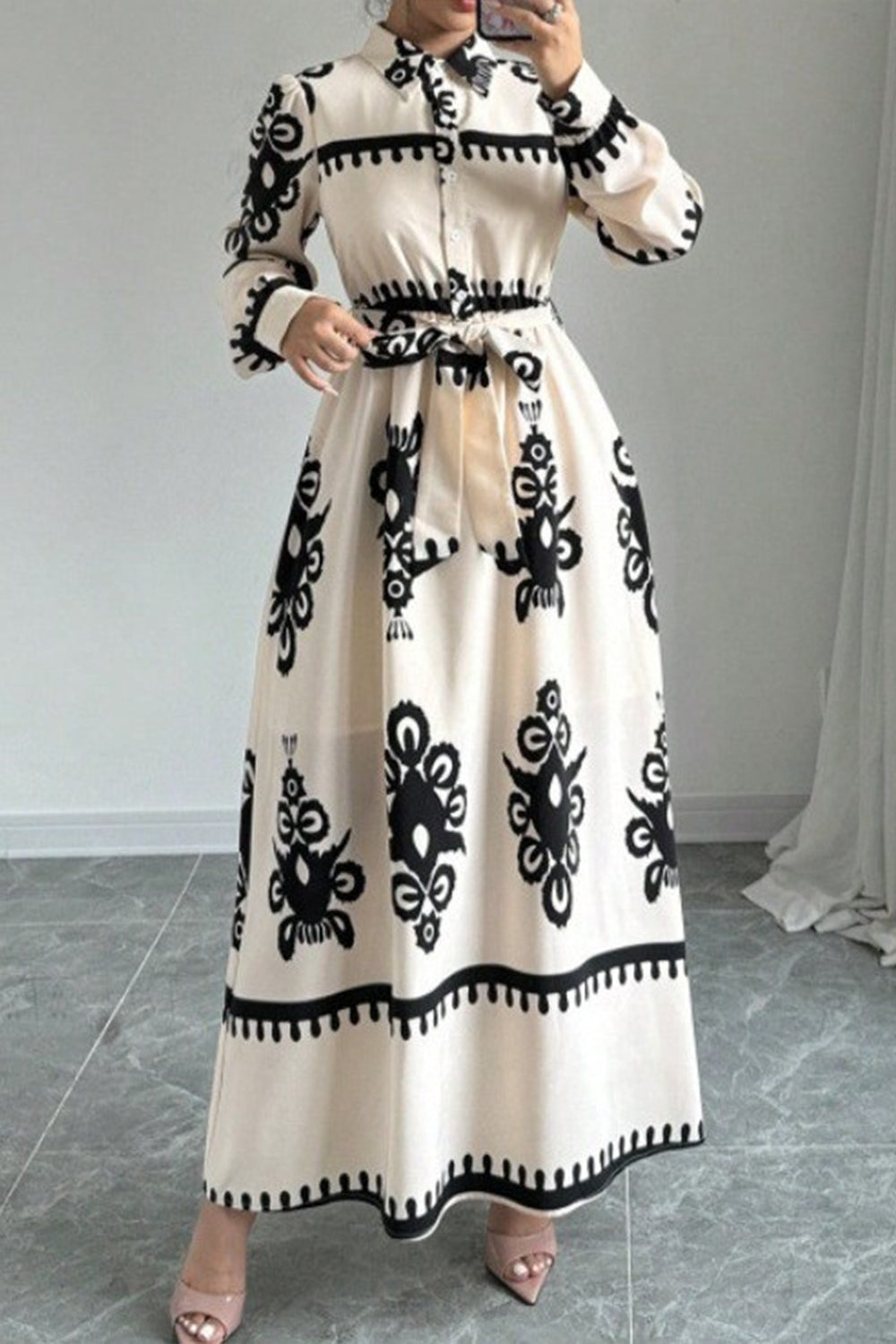 Tribal Pattern Print Turndown Collar Long Sleeve Tie Up Maxi Dresses