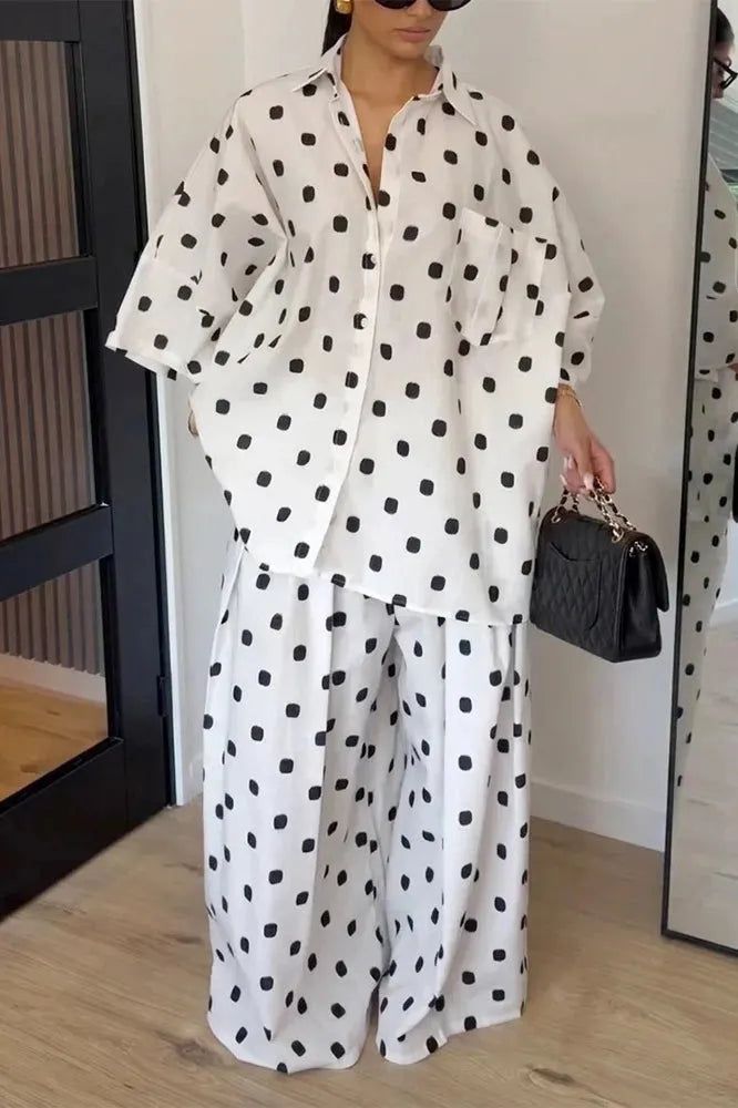 White Black Polka Dot  Pants Set