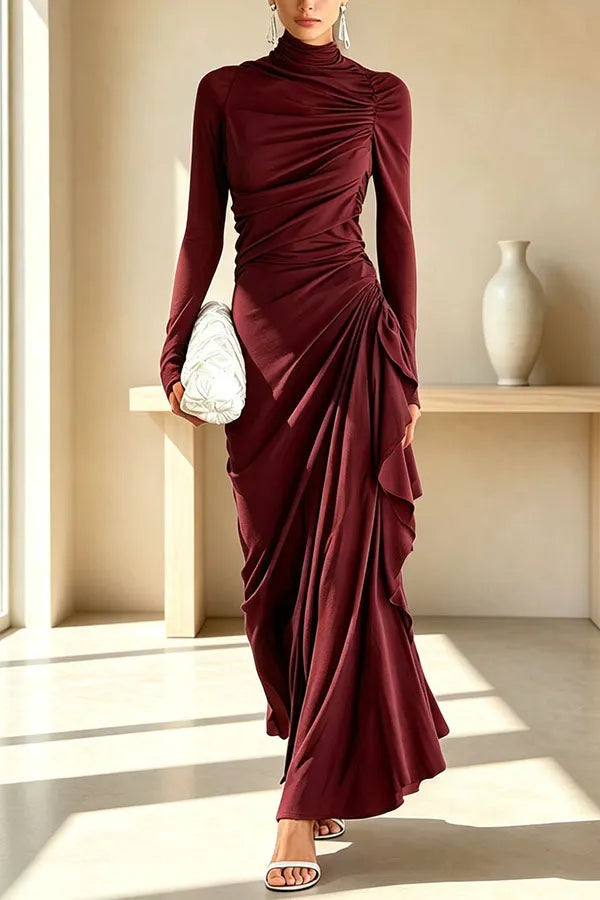 Elegant High Neck Long Sleeve Pleated Draped Fitted Maxi Dress