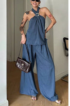 Halter Neck Top and Wide-Leg Pants Set