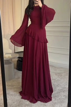 Semi-Sheer Asymmetric Ruffle Trim Flare Sleeve Tied Up Chiffon Maxi Dresses